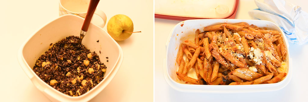 (left)Dish with chickpeas, a popular ingredient in Florence, and fruit. (right)Catania style pasta with eggplant and eggs. "I made too much, so this is going to be tomorrow's lunch, too".