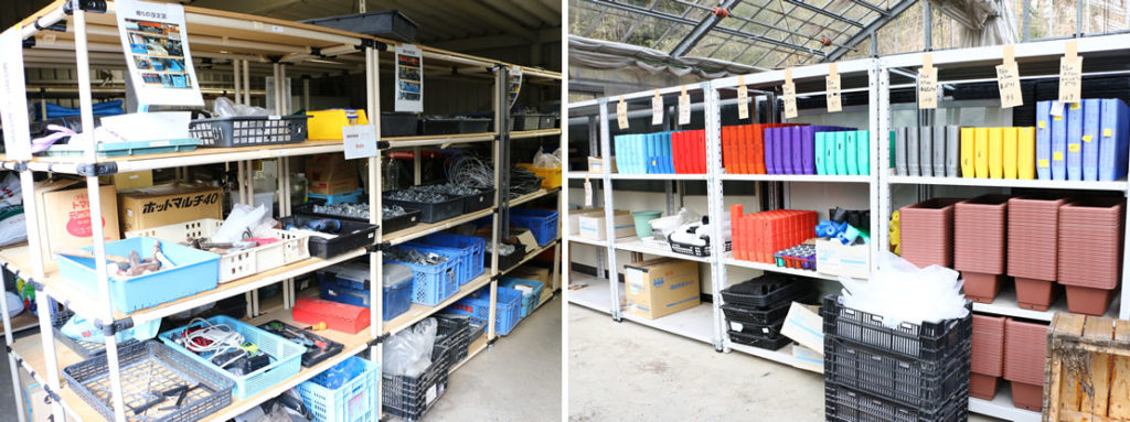 Left: The shelving demonstrates that there is a place for everything, so everything ends up in its place. Right: Planters are identified by color too, making it easy to see how many of each type remain.Right: Planters are identified by color too, making it easy to see how many of each type remain.