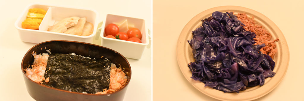 (left)Bento cooked by Mr. Hiramatsu. The bento box is also Japanese style.  (right)Red cabbage and meat because "I try to have a healthy lunch to lose weight".