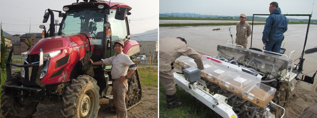 A robot tractor and rice-planting machine which Mr. Hiramatsu helped develop.