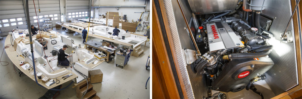 Left: Boat being fitted out to customers' needs in factory; Right: Yanmar common-rail marine diesel engine.