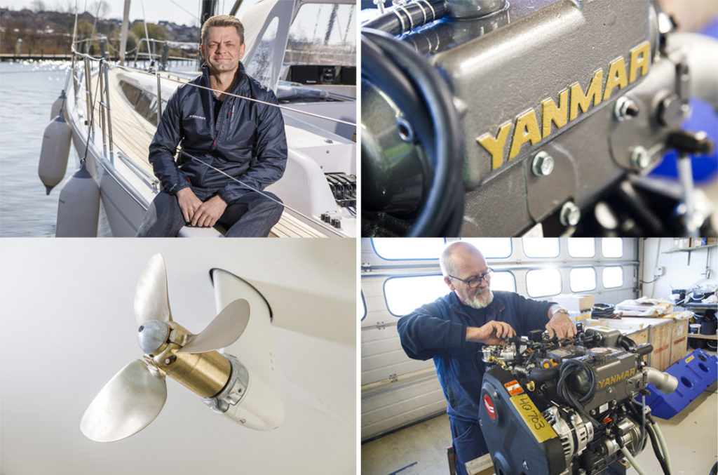 Clockwise from top-left: Kræn Brinck Nielsen, CEO of X-Yachts; Yanmar marine diesel engine; Flexfold foldable propeller.