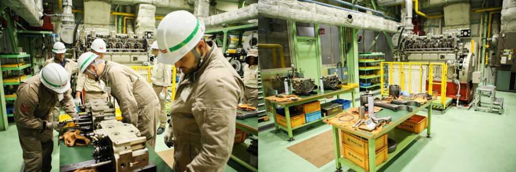 Left: Trainees disassemble the engine; Right: The workshop space.