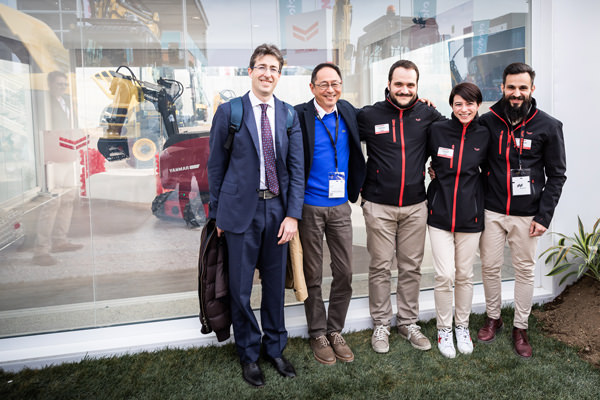 Marta Niccolini (second from right) with from left: Alessandro Belissima and Toyohiro Goto from Yanmar R&D Europe, and researchers Matteo Ragaglia and Alfredo Argiolas in front of the eFuzion concept at Bauma 2019.