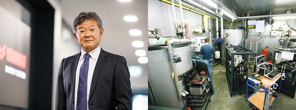Yanmar Energy Systems Europe CEO Yosuke Tajima (left) and CHP units undergoing testing.