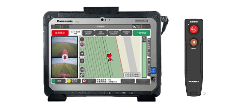 Fig. 10 Tablet User Interface for Starting and Stopping the Robot Tractor, and the Emergency Stop Remote Control: The Tablet User Interface Shows Images from the Cockpit Cameras.
