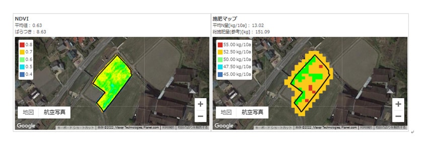 Fig. 6 Growth Data (left) and Fertilization Map Created Using this Data (right)