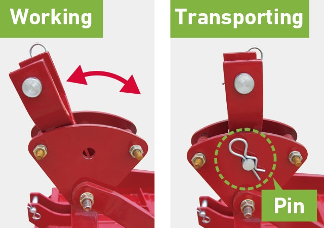 Pin removed during working, pin attached during transporting