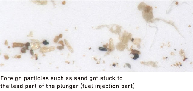 Foreign particles such as sand got stuck to the lead part of the plunger (fuel injection part)