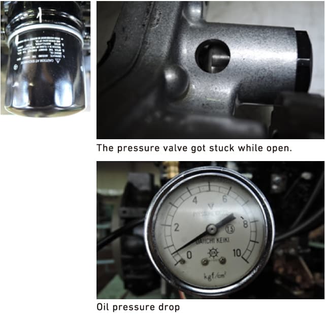 The pressure valve got stuck while open., Oil pressure drop