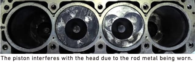 The piston interferes with the head due to the rod metal being worn.