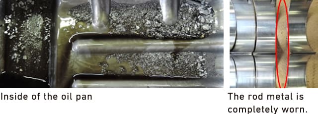 Inside of the oil pan, The rod metal is completely worn.