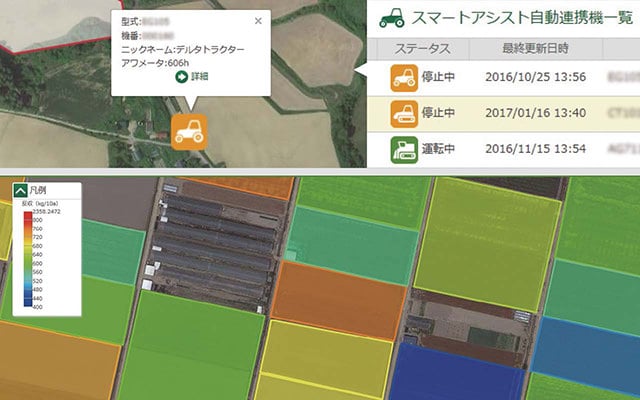 機械の稼働状況を見える化してくれる「稼働情報管理ツール」、収穫量や作業時間を集計・分析してくれる「集計・分析」をご紹介。