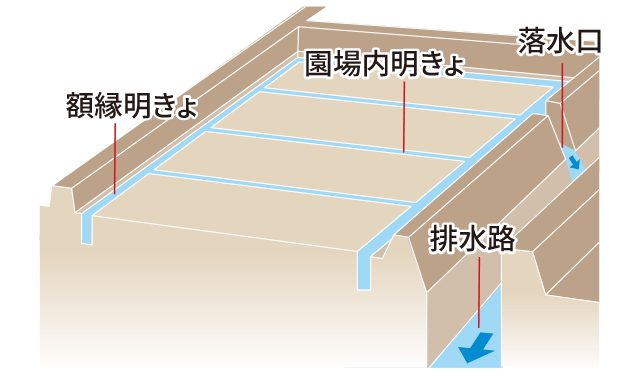 額縁明きょ・園場内明きょ・落水口・排水路の位置を示すイラスト