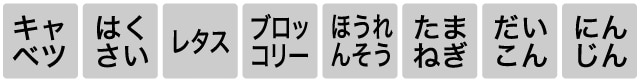 キャベツ、はくさい、レタス、ブロッコリー、ほうれんそう、たまねぎ、だいこん、にんじん