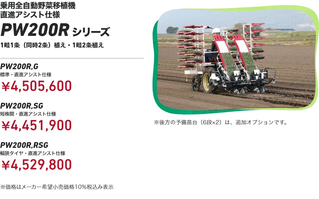 乗用全自動野菜移植機 直進アシスト仕様 PW200Rシリーズ 1畦1条(同時2条)植え・1畦2条植え PW200R,G(標準・直進アシスト仕様):¥4,505,600 PW200R,SG(短株間・直進アシスト仕様):¥4,451,900 PW200R,RSG(幅狭タイヤ・直進アシスト仕様):¥4,529,800 ※価格はメーカー希望小売価格10%税込み表示 ※後方の予備苗台(6段×2)は、追加オプションです。