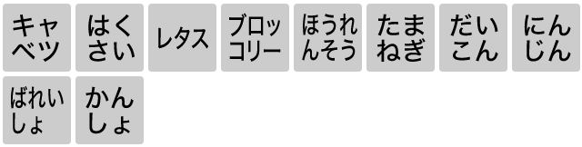 キャベツ、はくさい、レタス、ブロッコリー、ほうれんそう、たまねぎ、だいこん、にんじん、ばれいしょ、かんしょ