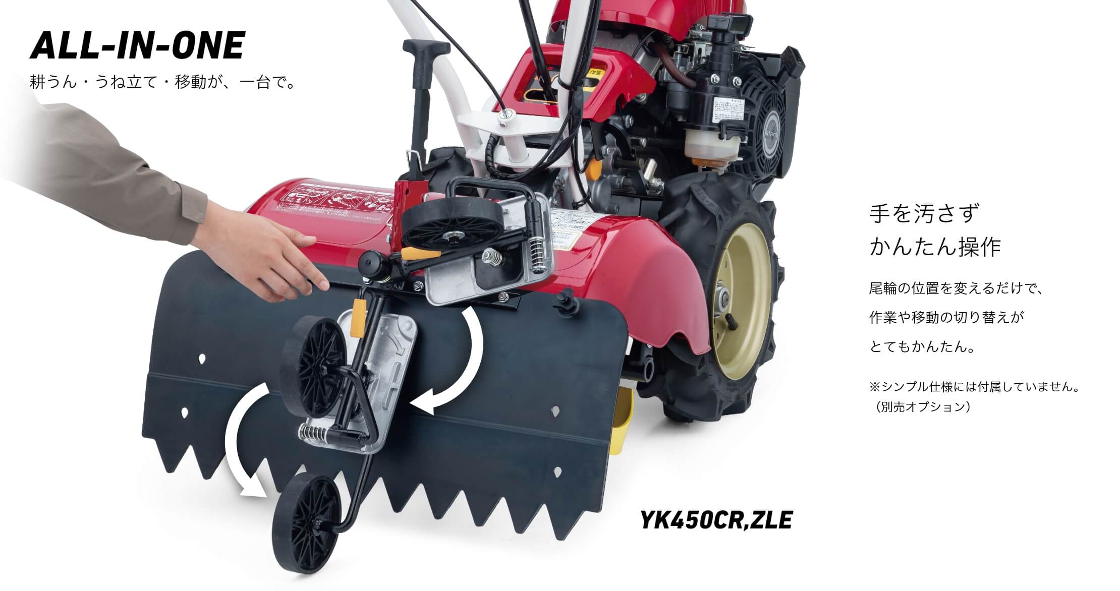 ALL-IN-ONE　耕うん・うね立て・移動が、一台で。