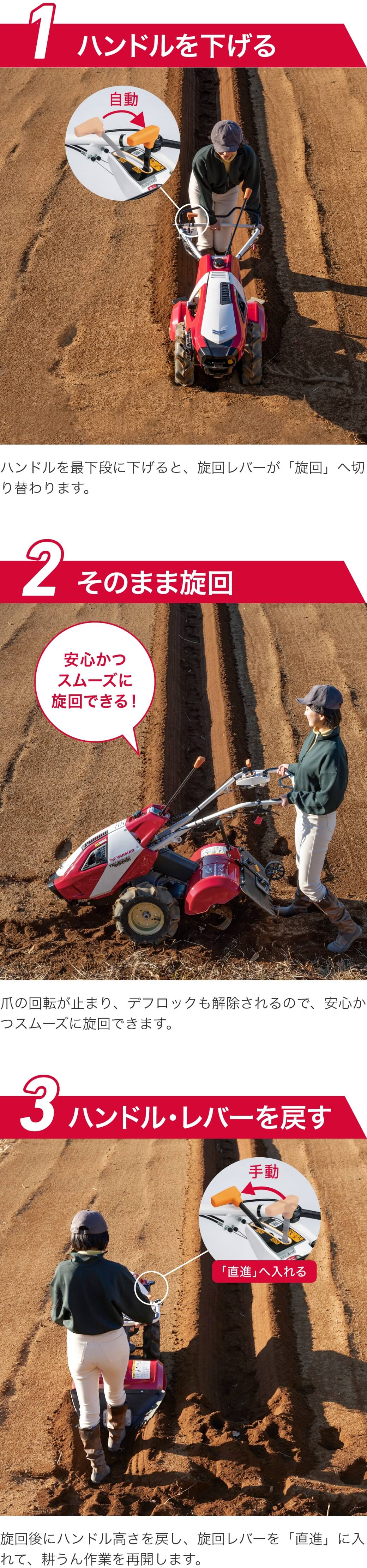 操作性・作業性｜YK651MR/751MR｜ミニ耕うん機・管理機 - ミニ耕うん機