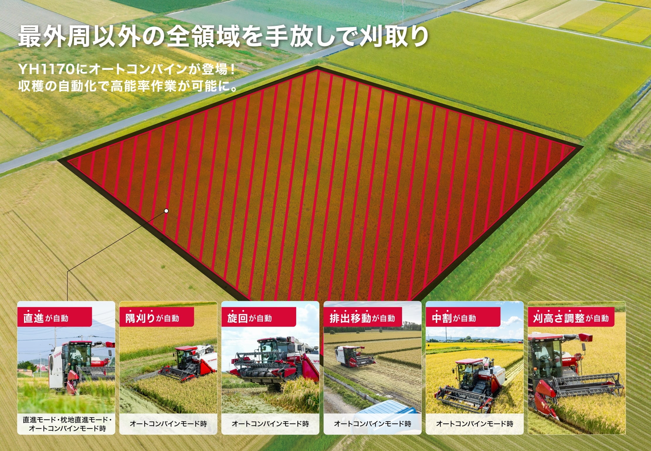 最外周以外の全領域を手放しで刈取り。YH1170にオートコンバインが登場！収穫の自動化でロスなく高能率作業が可能に。直進が自動（直進モード・枕地直進モード・オートコンバインモード時）、隅刈りが自動、旋回が自動、排出移動が自動、中割が自動、刈高さ調整が自動（オートコンバインモード時）