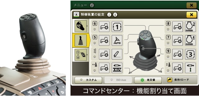 ジョイスティックの写真とコマンドセンター表示例