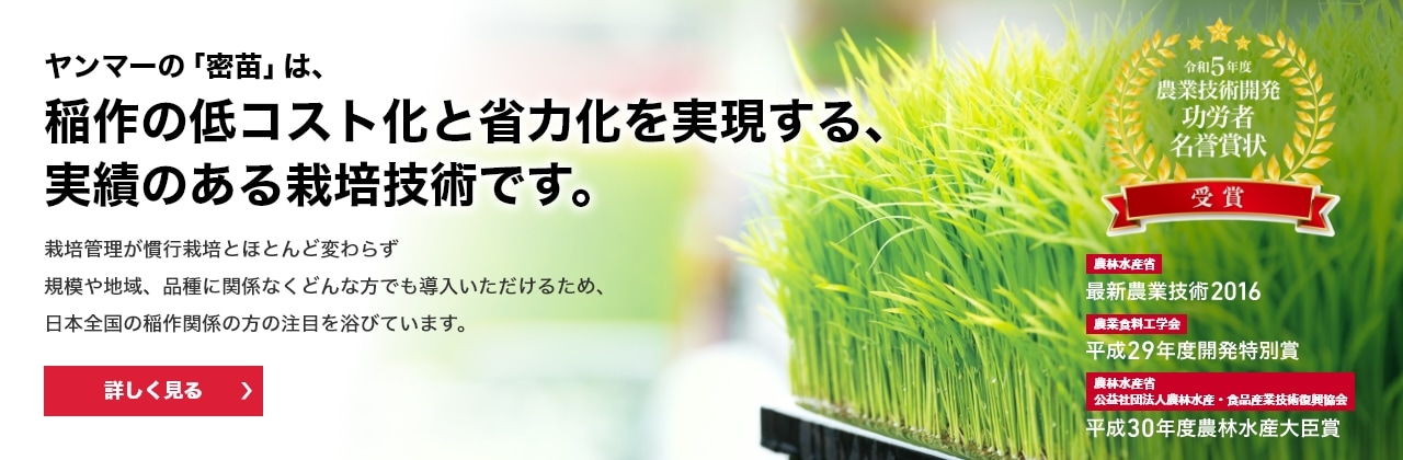 ヤンマーの「密苗」は、稲作の低コスト化と省力化を実現する、実績のある栽培技術です。 令和5年度 農業技術開発功労者名誉賞状 受賞