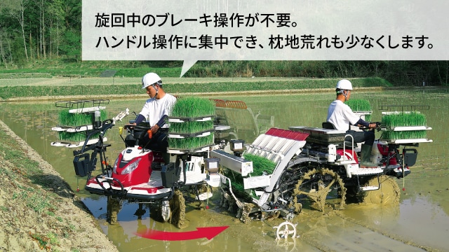 旋回中のブレーキ操作が不要。ハンドル操作に集中でき、枕地荒れも少なくします。