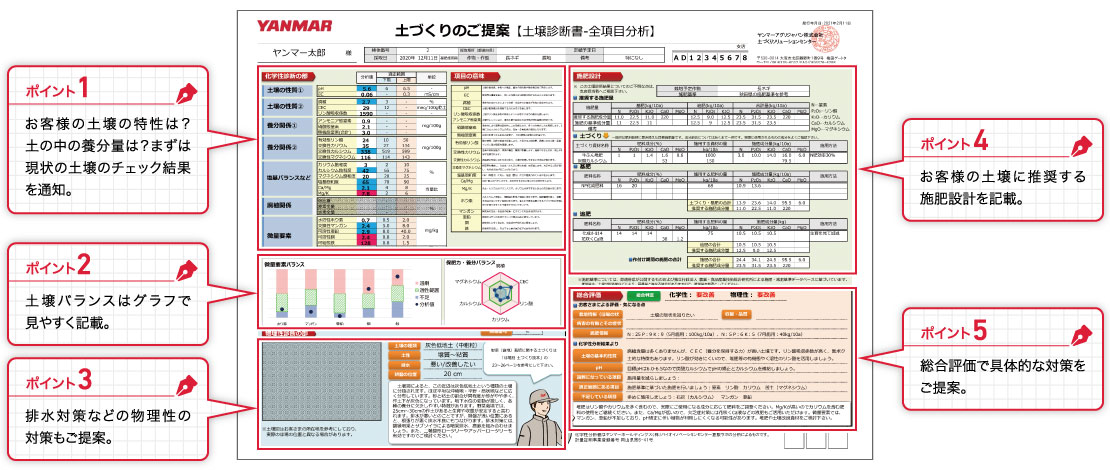 ポイント1:お客様の土壌の特性は?土の中の養分量は?まずは現状の土壌のチェック結果を通知。 ポイント2:土壌バランスはグラフで見やすく記載。 ポイント3:排水対策などの物理性の対策もご提案。 ポイント4:お客様の土壌に推奨する施肥設計を記載。 ポイント5:総合評価で具体的な対策をご提案。
