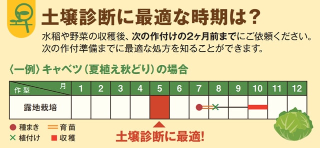 土壌診断に最適な時期は？水稲や野菜の収穫後、次の作付けの2ヶ月までにご依頼ください。次の作付準備までに最適な処方を知ることができます。