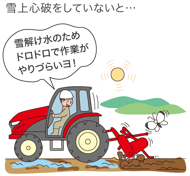 雪上心破をしていないと…：雪解け水のためドロドロで作業がやりづらいヨ！