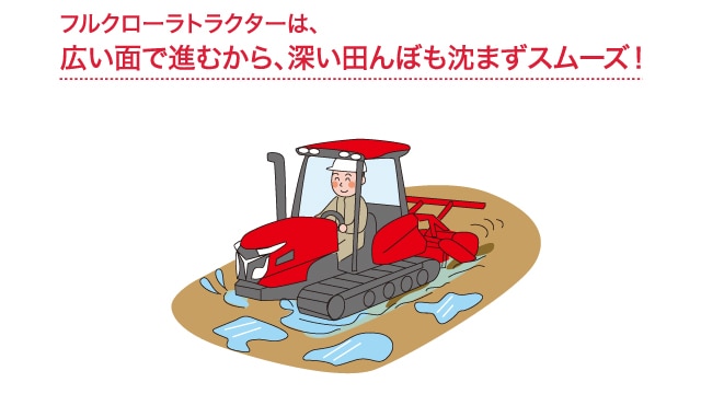 フルクローラトラクターは、広い面で進むから、深い田んぼも沈まずスムーズ！