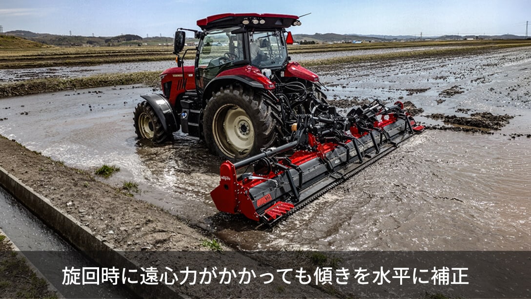 旋回時に遠心力がかかっても傾きを水平に補正