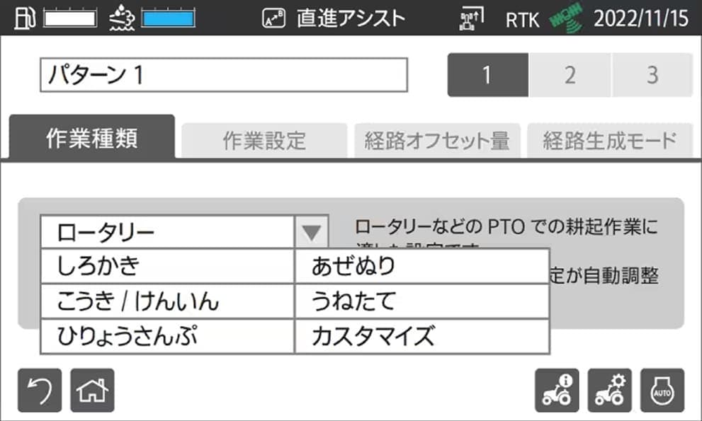 6パターンの作業内容を登録 タッチパネル式カラーモニターのパターン選択画面