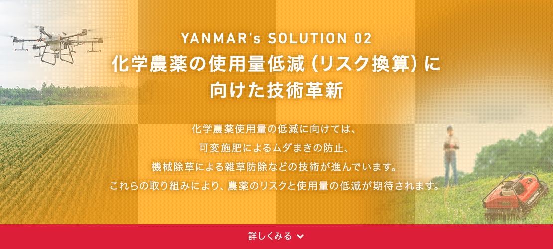 YANMAR’s SOLUSION 02 化学農薬の使用量低減（リスク換算）に向けた技術革新 化学農薬使用量低減に向けた技術としては適切なほ場管理のためのスマートアシストリモート（SAR）やドローンによるムダまきの防止、機械除草による雑草防除で、農薬のリスクと使用量の低減が期待されます。