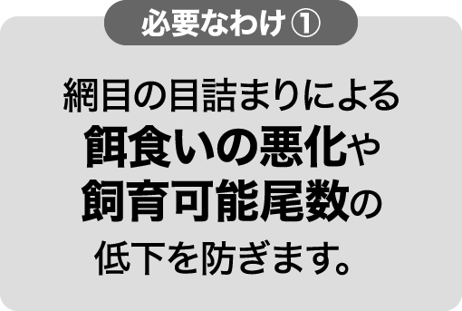必要なわけ① 網目の目詰まりによる餌食いの悪化や飼育可能尾数の低下を防ぎます。