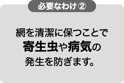 必要なわけ② 網を清潔に保つことで寄生虫や病気の発生を防ぎます。