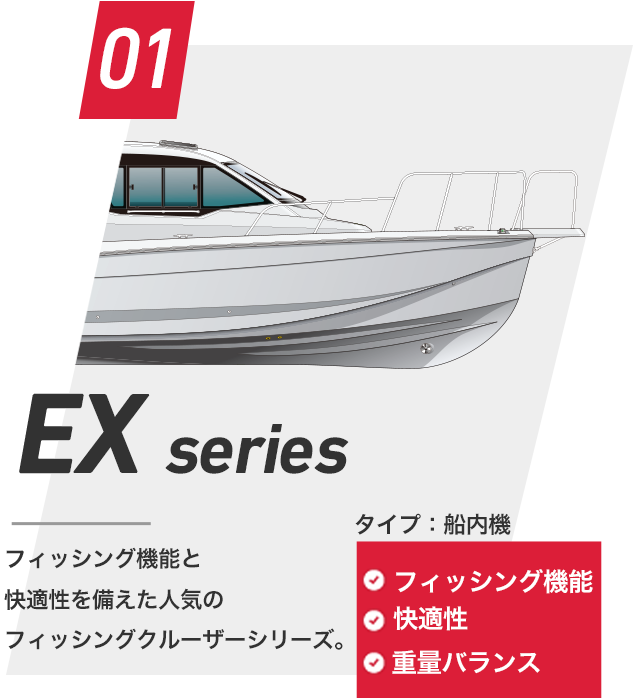 EXseries フィッシング機能と快適性を備えた人気のフィッシングクルーザーシリーズ。タイプ：船内機 フィッシング機能 快適性 重量バランス