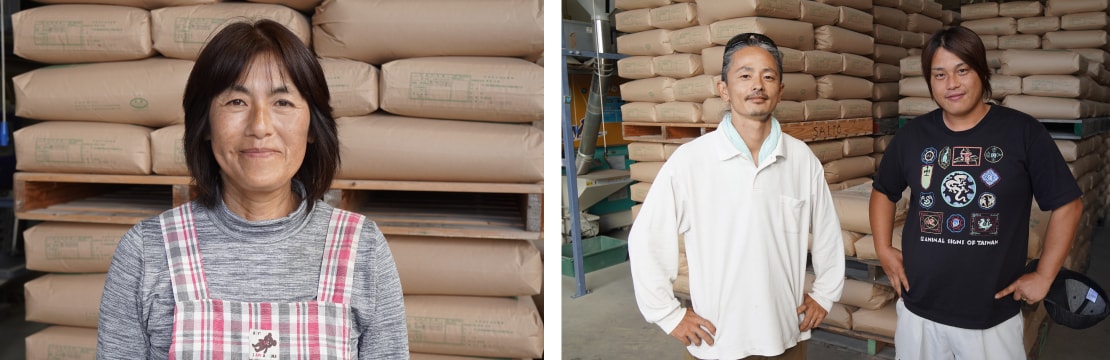 多重子さんは、明るく朗らかで一家のチームワークや健康管理にもきめ細やかに配慮をされる頼もしい存在(写真左)。義理の息子さんたちは、トラクターをはじめ機械作業全般をこなされている(写真右)。