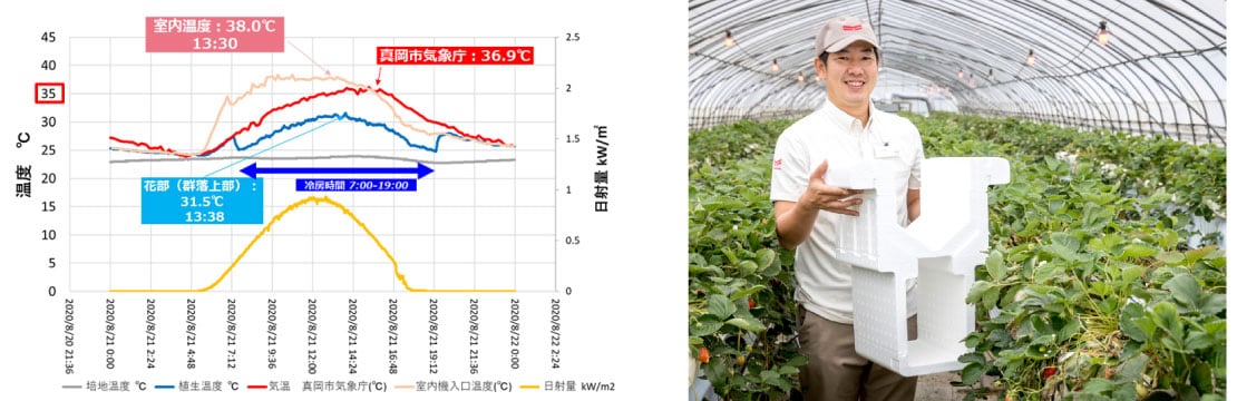 右の写真:「花の周囲の温度を下げることを目的に設計を変更して実証栽培を行いました」とヤンマーグリンシステム株式会社の川口担当。
