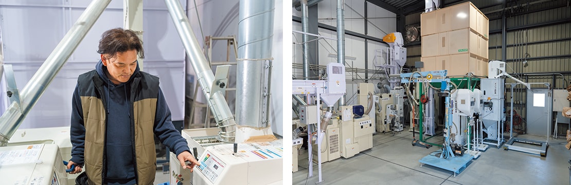 乾燥機から放冷タンクまでの自動搬送や、1人で2台の籾すり機を操作できる機械配置、玄米プールからフレコン計量器までの動線など、ライスセンターはスムーズなライン設計がされている。