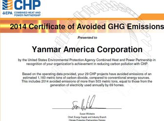 YANMAR America CHP Units Recognized for Greenhouse Gas Emissions Reductions in 2014